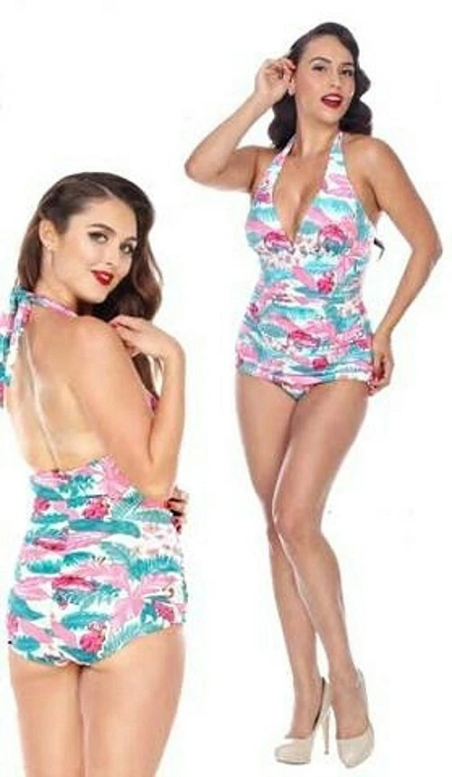 BETTIE PAGE PINK FLAMINGO Swimsuit Ruched pinup TROPICAL v-NECK  SIZE 4 NEW - Image 1 of 4
