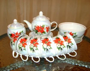 Juego de té de porcelana vintage nunca usado Poinsettia para 6 personas (Polonne URSS) - Imagen 1 de 7