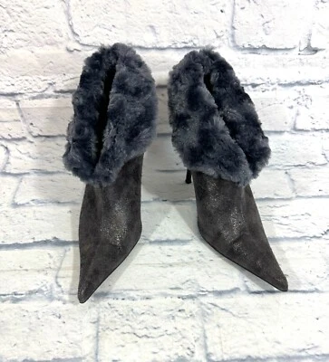 Anne Michelle Women's 7 Lively Ankle Boots Faux Fur Pointed Toe Gray 4" Heel - Image 1 of 4