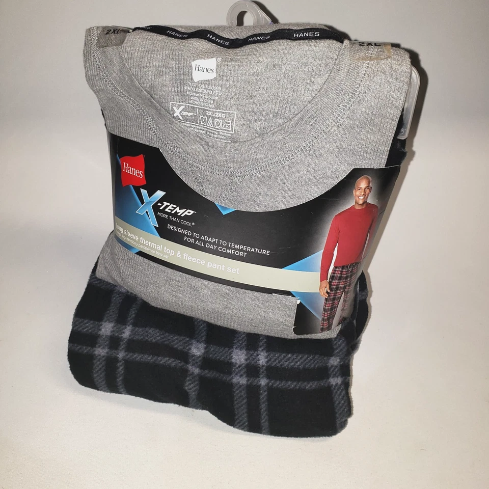 MEN'S HANES BLACK THERMAL TOP /COMFORT FLEECE PANT PAJAMA SET SZ M W//FLY