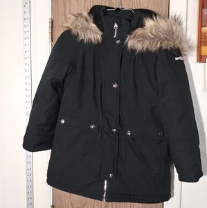 Juicy Couture Kids Black Faux Fur Hooded Puffer Jacket, Warm and Comfy, Medium, - Picture 1 of 7