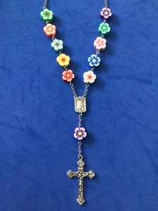 Auto ROSARY Our Lady of LOURDES Flowers Crucifix Saint Medal Car Truck Handmade - Picture 1 of 7