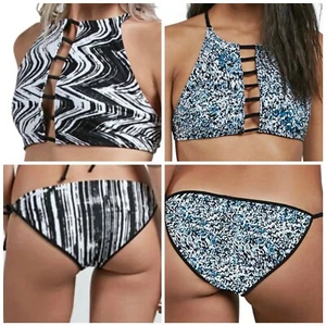 Volcom Womens Bikini Size M 2 Pc Black Blue Stay Tuned Tie Reversible New w tags - Picture 1 of 9