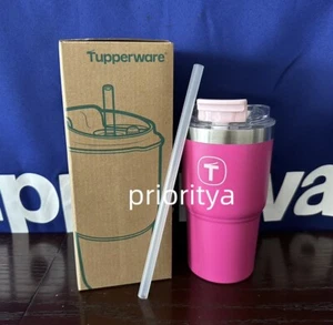Tupperware Big T Tumbler Flip-top Locking Lid 21oz/630ml with Straw Pink New - Picture 1 of 4