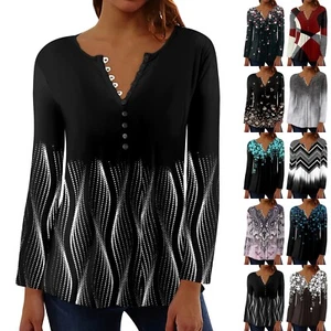 Women's Long Sleeve Tops Henley Neck Blouses Dressy Casual Fall & Winter Shirts - Picture 1 of 17