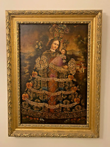 Delightful Cuzco School Spanish Colonial Oil Painting on Board 0f Madonna &Child
