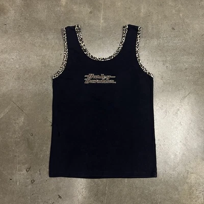 Mujer Vintage Años 90 Harley Davidson Y2K Cheetah Leopardo Estampado Negro Tanque XL Foto 1 de 4