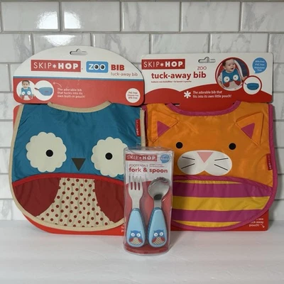 Set Of 2 Skip Hop Tuck Away Zoo Baby Bibs & Zootensils Fork & Spoon Owl Cat - Image 1 of 4