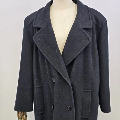 Casaco longo A Sachs Perlette preto lã peito duplo feminino ombro acolchoado EUA - Imagem 1 de 4