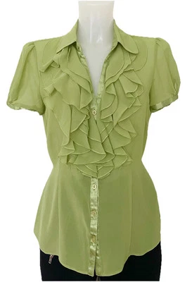 DEBENHAMS Olive Green Ruffle Front Short Sleeve Satin Edged Chiffon Blouse UK 10 - Image 1 of 4