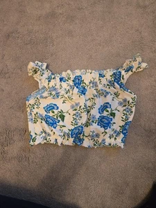 Ladies Cropped Off The Shoulder Top Top Shop Size 8 Cream Blue Flowers - Picture 1 of 1