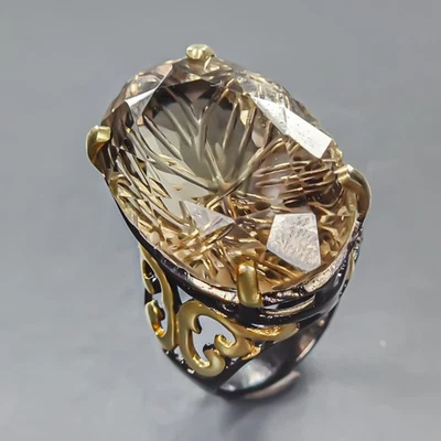 Anillo de cuarzo ahumado natural hecho a mano de 35 quilates + plata de ley 925 talla 8/R439427 Foto 1 de 4