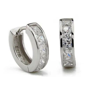 Sterling Silver 10mm Huggie Hoop Small Square Sleeper CZ Crystal Earrings - Picture 1 of 6