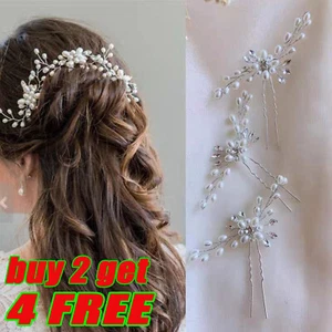 2+4 Flower Wedding Hair Pins Bridesmaid Crystal Diamante Pearls Bridal Clips - Picture 1 of 12
