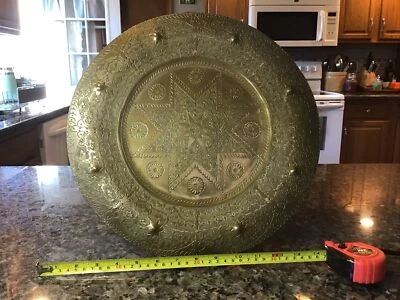 Antique ISLAMIC Hand Hammered Brass & Copper Tray 8 Point STAR ISHTAR 14” INDIA - Image 1 of 4