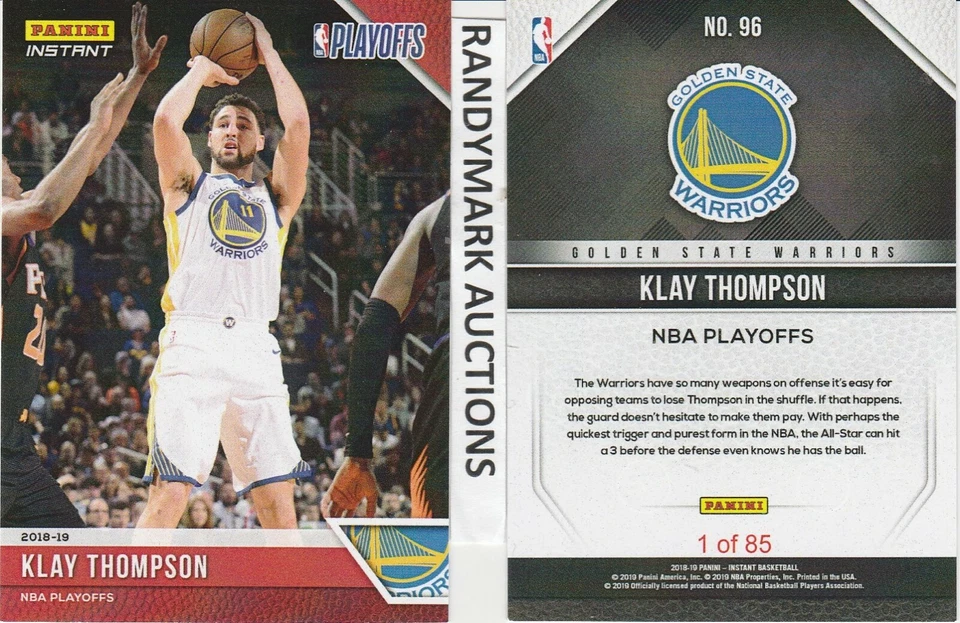 Klay Thompson GOLDEN STATE WARRIORS PANINI INSTANT 2018-19 NBA PLAYOFFS #96 x/85 - Image 1 of 1
