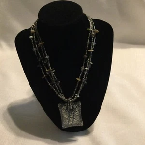 Glass Pendant Earrings & Necklace 4 Strand Seed Bead Black Abalone Silver Blue - Bild 1 von 6