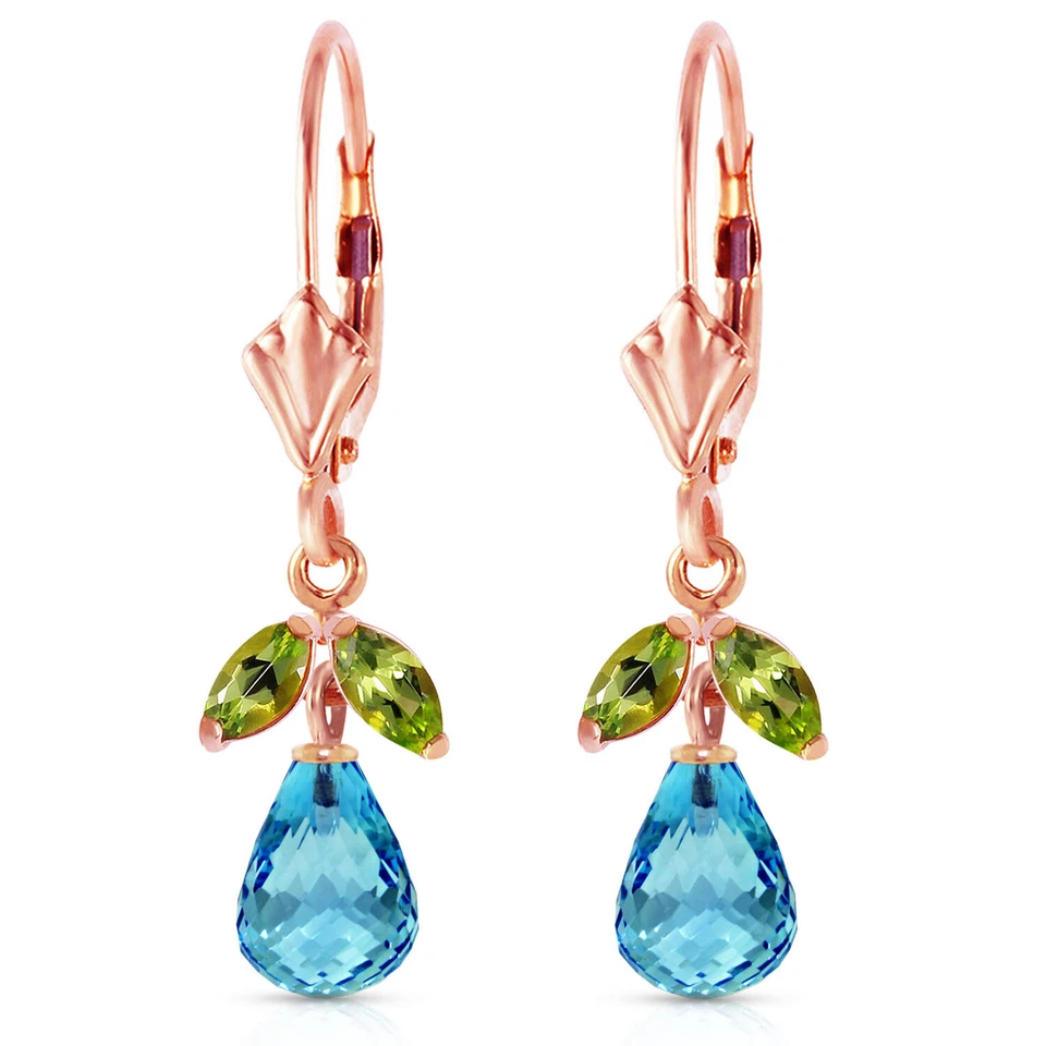 14K. GOLD LEVERBACK EARRING WITH BLUE TOPAZ & PERIDOTS - Image 1 of 4