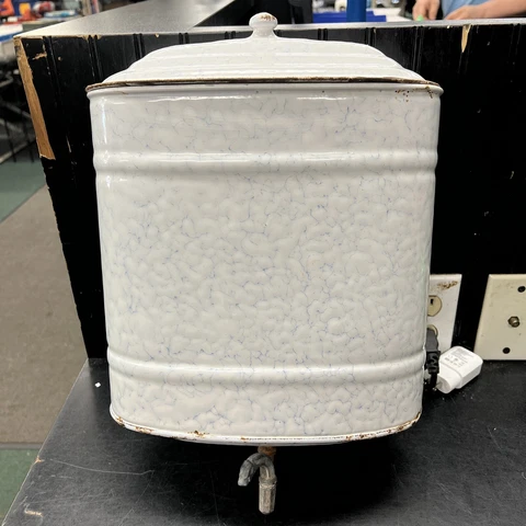 Antique French Enamel Wall Mounted Lavabo Water Tank w/ Spigot & Basin 3 Pc. Set Cover