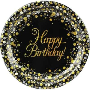 Sparkling Fizz Black and Gold Happy Birthday Large Paper Dinner Plates 8 Pk - Picture 1 of 1