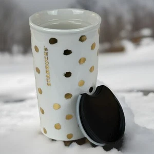 Starbucks Ceramic 2014 Gold Polka Dot Collection Travel Mug Tumbler w Lid 10 oz - Picture 1 of 7