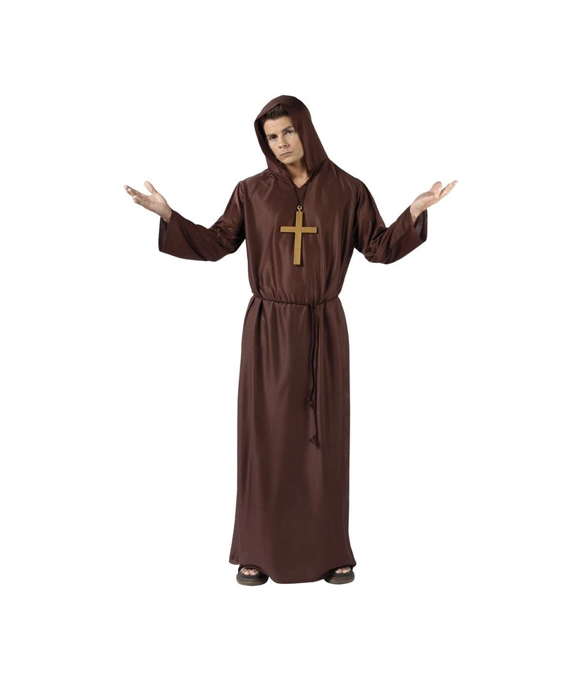 Monk Costume 2 Pc Adult Brown Taffeta Hooded Robe & Cord Belt One Size Med. - Image 1 of 1