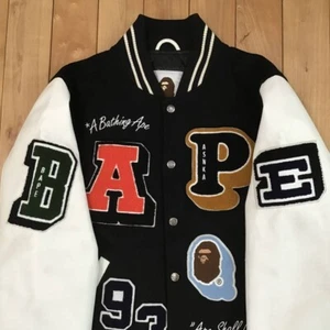 a bathing ape BAPE LOGO Leather Sleeve Stadium Jacket Black L Size - Picture 1 of 10