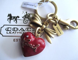 NWT Coach Brass Bow Rhinestone Heart Locket Key Chain Fob Keychain Bag Charm - Picture 1 of 6