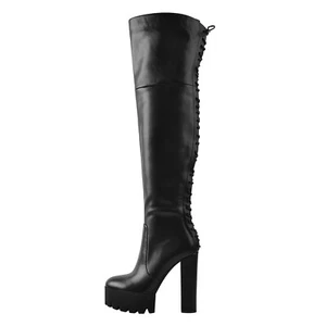 Women's Zipper Round Toe Platform Lace Up Chunky High Heel Over the Knee Boots - Picture 1 of 13