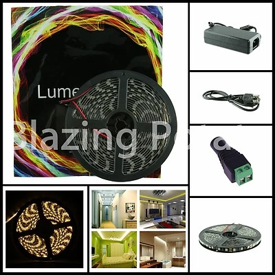 LUMENWAVE LW 5M 5050 IP65 Waterproof Flexible 300 LED Strip Lights Kit-Black PCB-WarmWhite