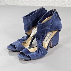 Jimmy Choo Womens Sandals Blue 4 UK Suede Block Heels Open Toe Leather Designer - Picture 1 of 10