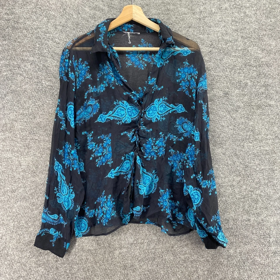 Blusa sin marca para mujer M mediana negra geométrica seda con cordones manga larga Foto 1 de 4