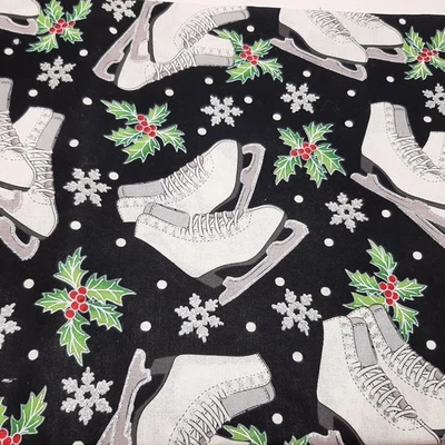 David Textiles Cotton Fabric Material Ice Skates & Ivy on Black 1 Yard - Image 1 of 4