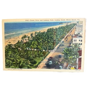 Postal de lino vintage Ocean Drive Lummus Park Miami Beach Flordia Curteich - Imagen 1 de 2