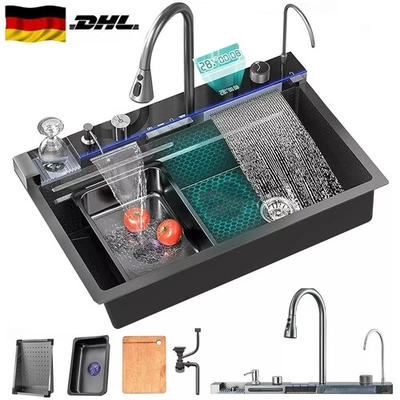 Edelstahl LED Küchenspüle Einbauspüle Spülbecken Küchenarmatur mit Abtropffläche - Bild 1 von 4