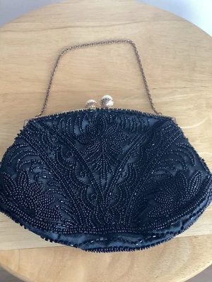 "Bolso de noche vintage negro brillante con cuentas y perlas a presión hecho en Francia 7x5""" Foto 1 de 4