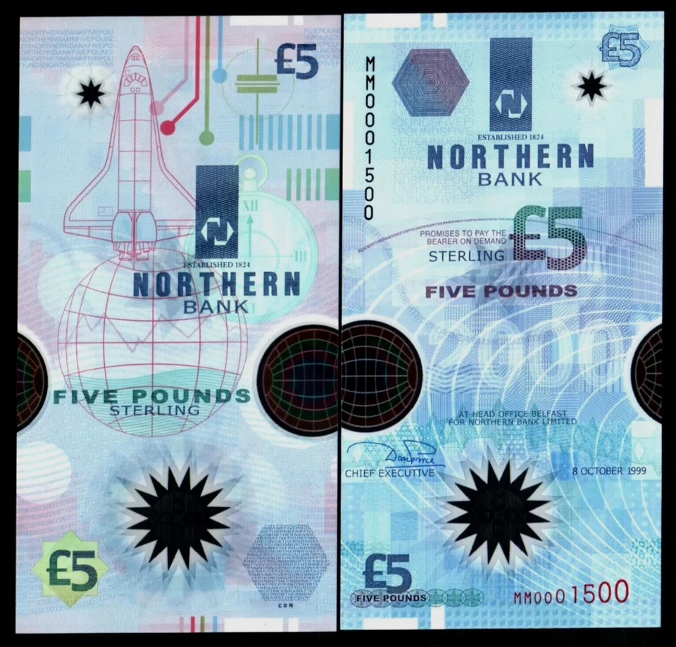 Irlanda Norte £5 P-203 1999 transbordador espacial conmemorativo polímero irlandés UNC BILLETE Foto 1 de 4