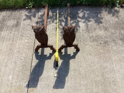 Antique Pair of Cast Iron Adiron Spooky Fireplace Hearth Owls Marked on Back Cover