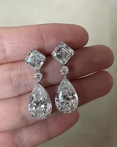 Pear Cut Lab Grown Diamond Drop Earrings Classic Three Stone Diamond Earring Her - Picture 1 of 6