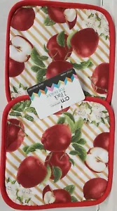 Set of 2 Same Printed Pot Holders(7"x7") RED APPLES,HALVES & FLOWERS,red back,AM - Bild 1 von 5