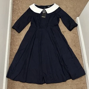 Collectif London Elle Plain Swing Dress Size Large Navy Blue No Belt - Picture 1 of 8