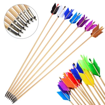 6/12PC 32" Wooden Arrows 4" Feathers Flu-Flu Traditional Longbow Archery Hunting - Image 1 of 4