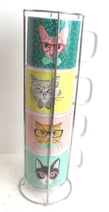 Let's Dine 4 stapelbare Steinzeug Lg 12 Unzen Kaffee Tee Tassen mit Metallgestell Katzen Katze - Bild 1 von 8