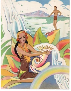 Beautiful 1940s Oversized Hawaiian Card of Surfer and Pretty Woman - Picture 1 of 1