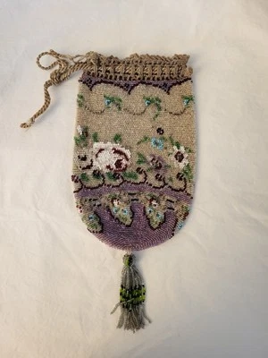 Antique Beaded Purse Flapper Drawstring Bag Reticule Beaded Tassel Floral Motifs - Image 1 of 4