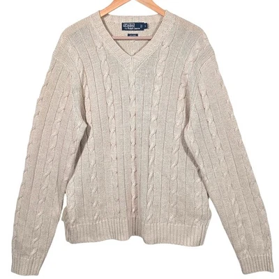 Polo Ralph Lauren Cable Tejido Cuello en V Pescador Suéter Para Hombres L Beige Lino Algodón Foto 1 de 4