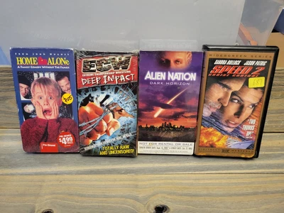 VTG VHS 3 MOVIES BLOCKBUSTER SEALED SPEED 2 ALIEN NATION DEEP IMPACT HOME ALONE  - Image 1 of 4