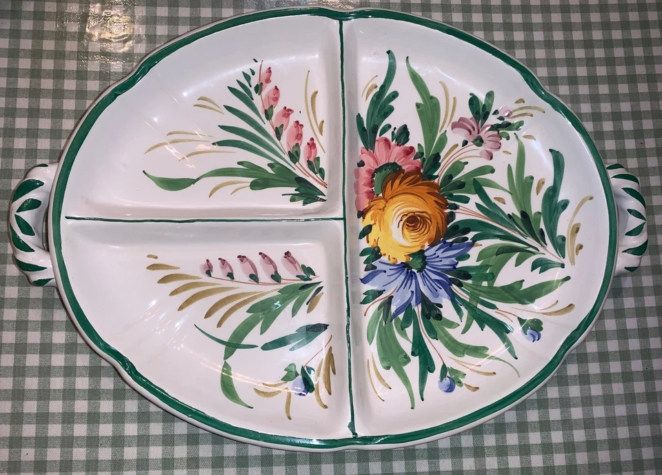 Prato de servir majólica italiano pintado à mão Nove rosa tulipa 14”x9” alças - Imagem 1 de 4