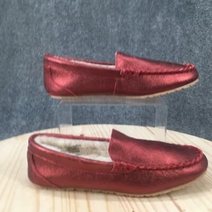Clarks Slippers Womens 9M Slip On Moccasin Red Leather Faux Fur Metallic A459228 - Picture 1 of 15