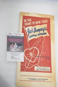 Jack Dempsey Signed & Inscribed Broadway Restaurant Menu 6x13 1946 New York JSA